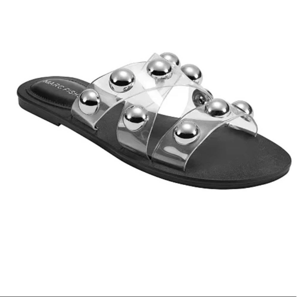 NWT Marc Fisher Bryte Flat Studded Sandals Clear Black
